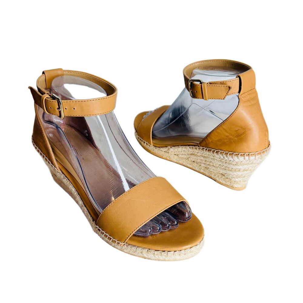 Talbots Shoes 8 Tan Leather Espadrille Sandals Wedge Heel Ankle Strap Minimalist